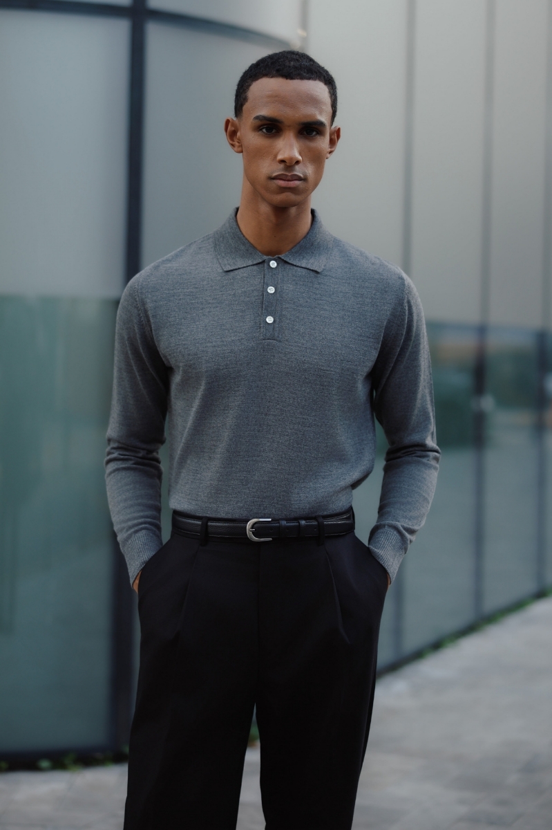 Pearl Polo Yaka Triko - Gri-melanj